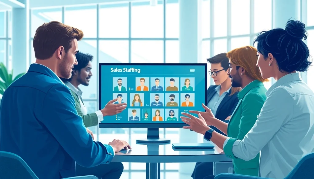 Sales staffing platforms enabling diverse professionals to engage and collaborate in a modern office.