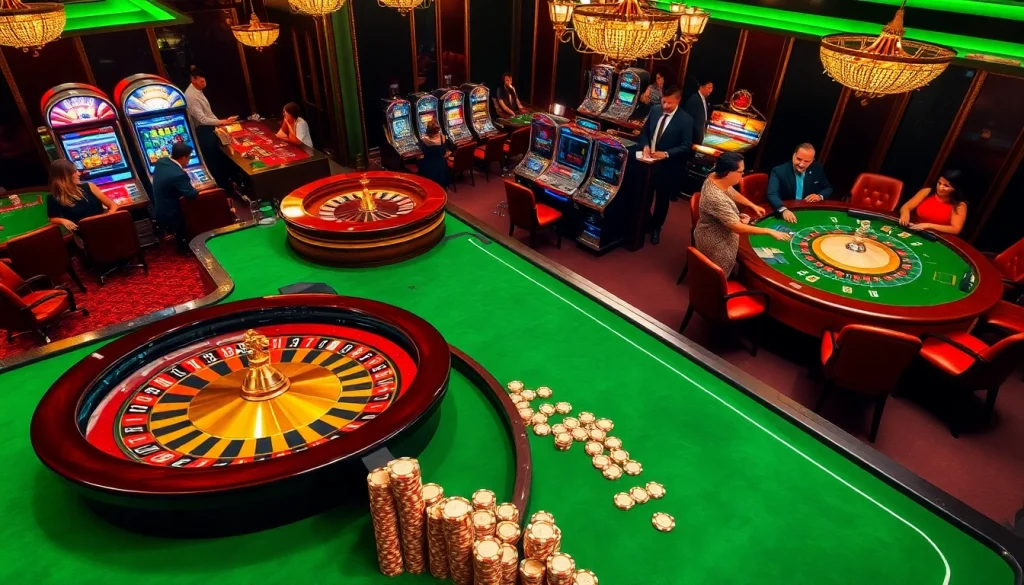 Scène engageante montrant l'excitation du meilleur casino en ligne avec une roue de roulette et des machines à sous.