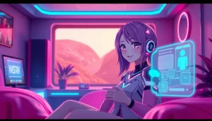 Engaging scene of an NSFW AI character interacting with users in a vibrant digital environment.