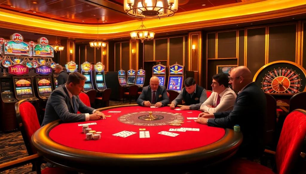 Exciting action at a KJ C poker table in a luxurious casino setting.