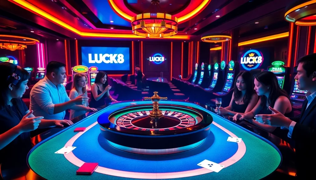 LUCK8 casino scene with players at a roulette table, showcasing excitement and high-stakes action.