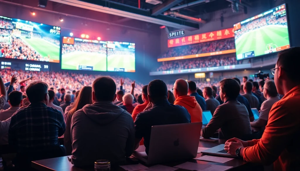 Engaging scene of excited fans enjoying live sports betting at 토토스토리.