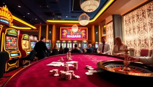 Suasana permainan MABAR88 Situs yang menarik dengan mesin slot berwarna-warni dan meja poker.