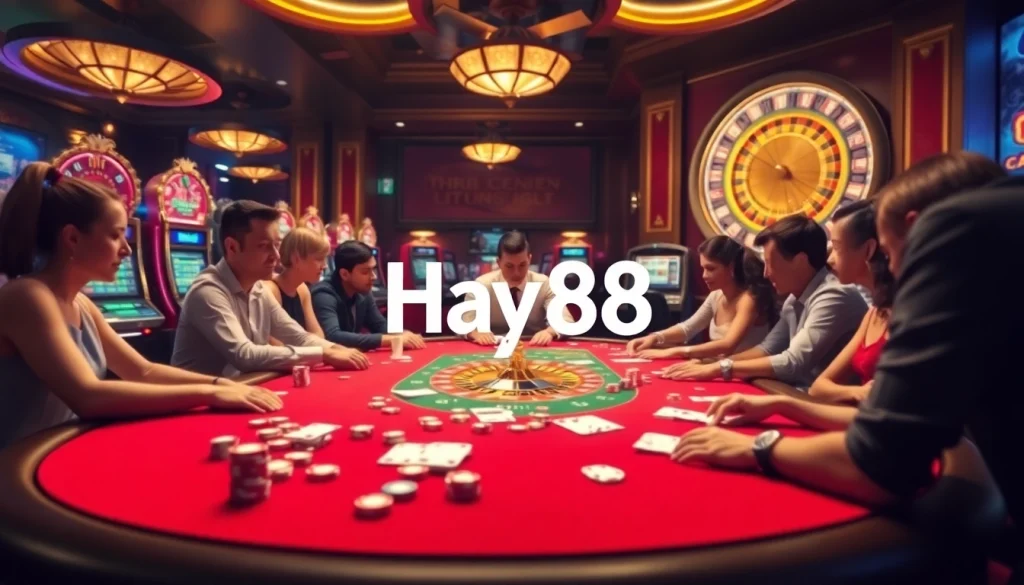 Engaged gamblers celebrate a winning hand at Hay88's luxurious online casino table.