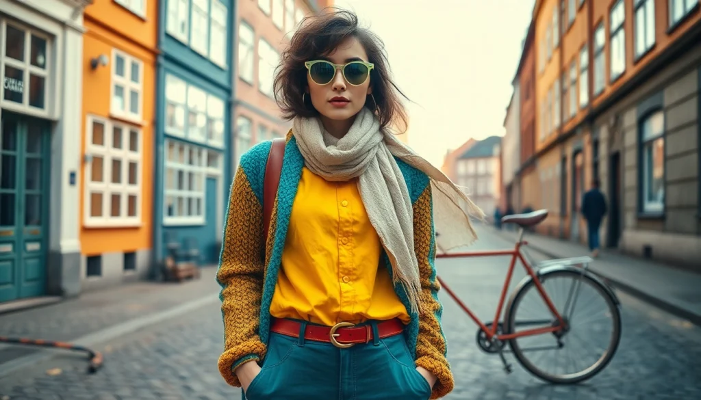 Stylish showcase of vintage clothing Copenhagen highlighting vibrant textures and urban charm.