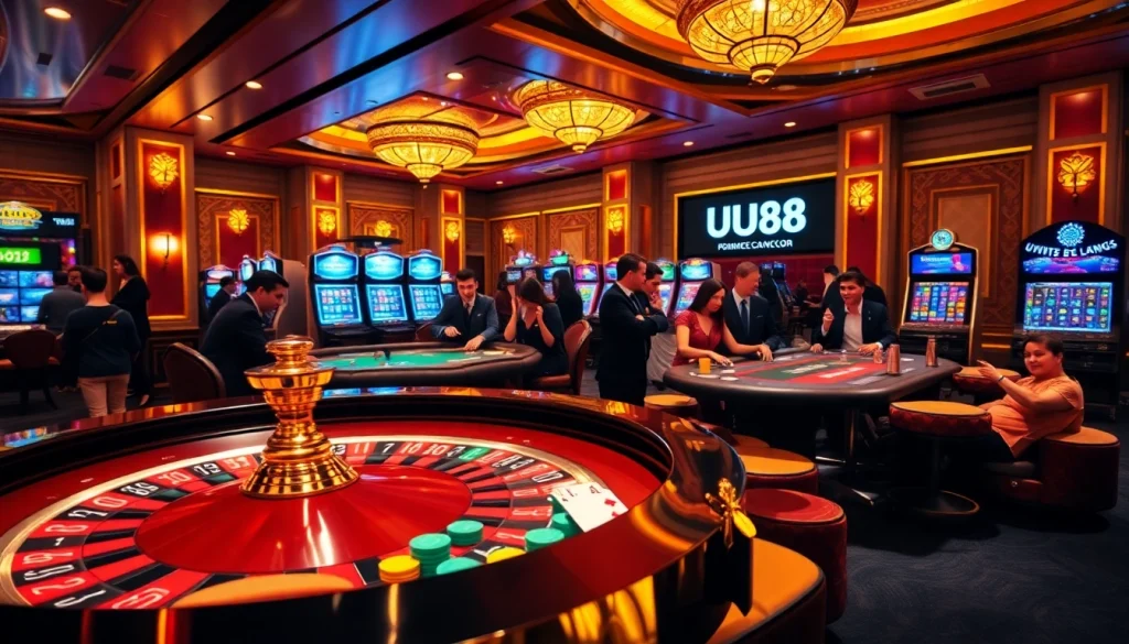 Players enjoying an exciting game at UU88's vibrant casino, featuring roulette, chips, and poker.