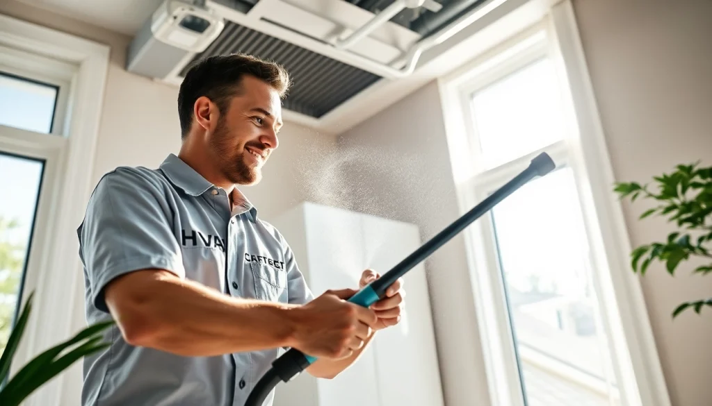 Technician performing HVAC cleaning in a home, emphasizing air duct cleanliness and freshness.