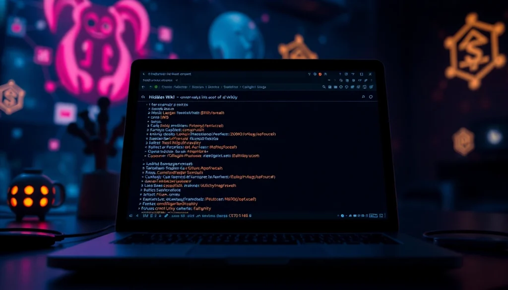 Exploring the hidden wiki 1 in a digital dark web environment with mysterious elements.