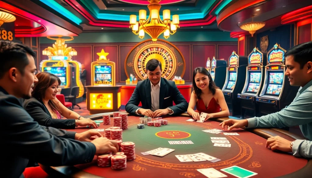 Experience RR88's vibrant casino with players at a poker table, showcasing excitement and engagement.