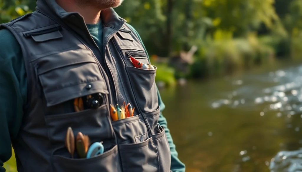 A professional angler showcases a fly fishing vest while fishing by a riverbank.
