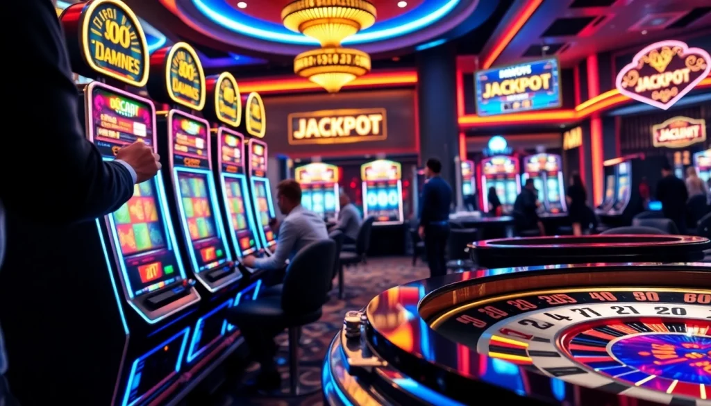 Players enjoying the JAMUSlot experience at a vibrant casino with high-energy slot machines.