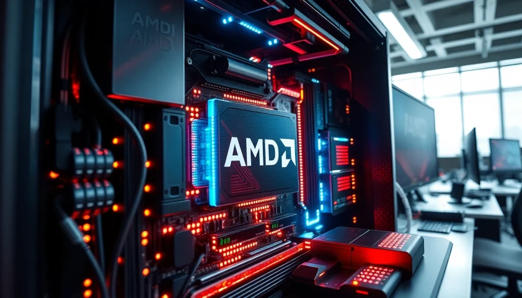 AMD procesor w nowoczesnym biurze, pokazujący zaawansowaną technologię.