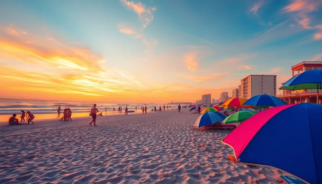People enjoying the beach at https://myrtlebeachsc.com/ surrounded by colorful umbrellas and sunset skies.