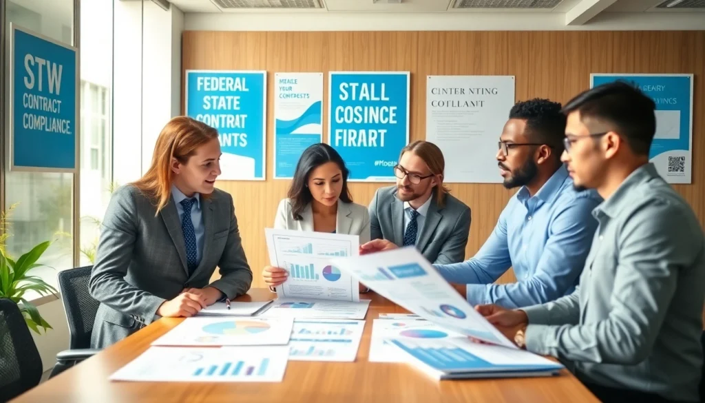 Analyze federal and state contracts pre-post award compliance with a professional business team in a bright office.