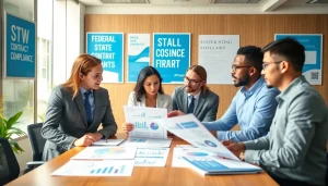 Analyze federal and state contracts pre-post award compliance with a professional business team in a bright office.