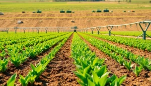 Showcasing land irrigation with lush crops and efficient irrigation systems.