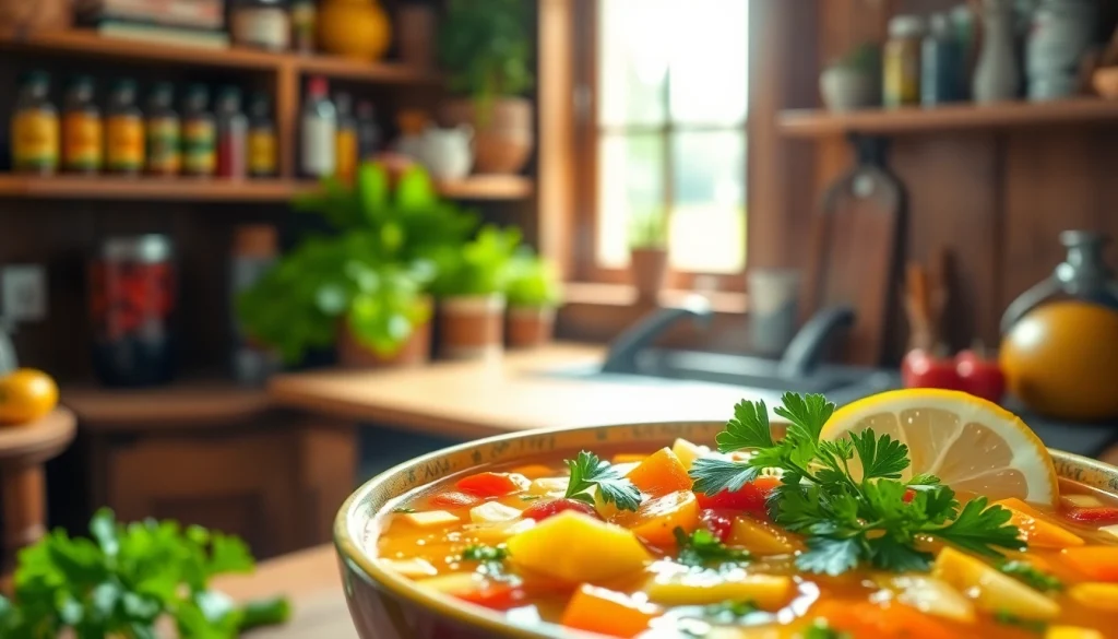 Delicious bowl of Word Soup garnished with fresh herbs in a rustic kitchen atmosphere.