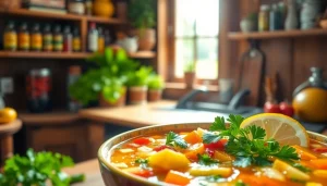 Delicious bowl of Word Soup garnished with fresh herbs in a rustic kitchen atmosphere.