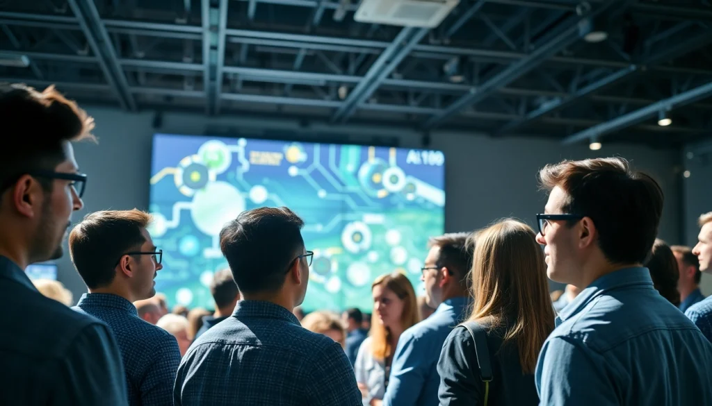 Dynamic setting at an AI and emerging technology conference with diverse attendees discussing innovations.