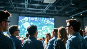 Dynamic setting at an AI and emerging technology conference with diverse attendees discussing innovations.