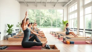 リフォーマーを使って練習する多様な参加者が穏やかなスタジオで、ピラティスおすすめを体感する様子