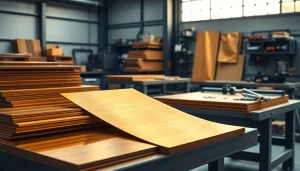 Foi de alamă de înaltă calitate (Tabla alamă) expuse într-un atelier modern, evidențiind textura și strălucirea acestora.