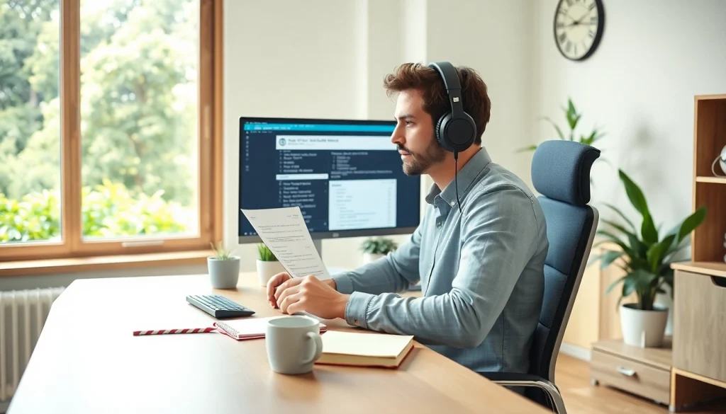 Showcasing remote quality assurance jobs, a professional working efficiently in a bright home office.