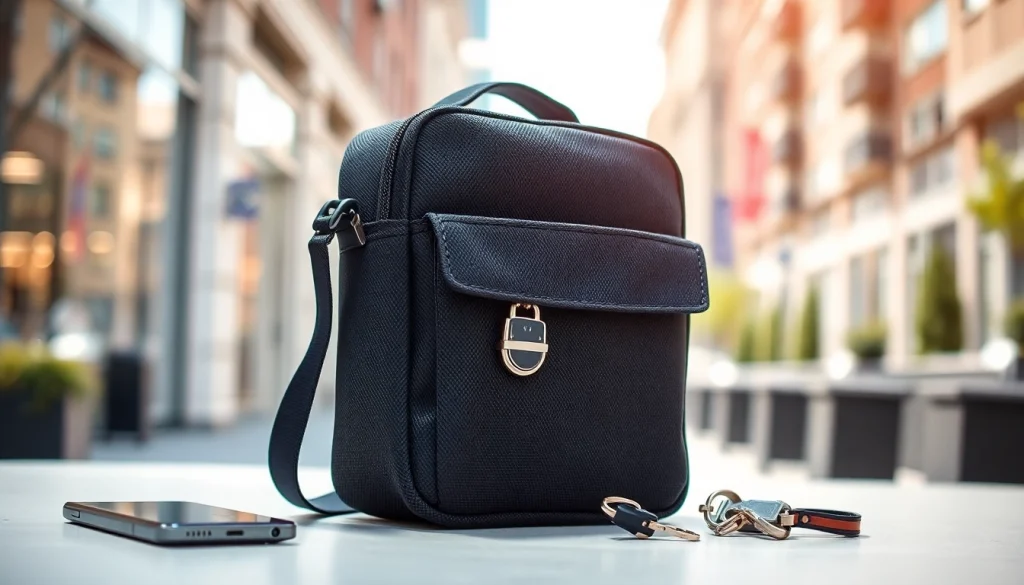 Handy Tasche abschließbar zeigt sicherem Design mit praktischem Zubehör auf einem Tisch.