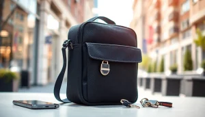 Handy Tasche abschließbar zeigt sicherem Design mit praktischem Zubehör auf einem Tisch.