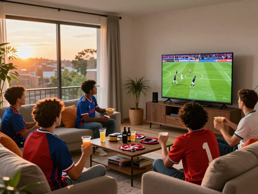 Cakhia tv fans enjoying an exciting football match in a lively living room setup.