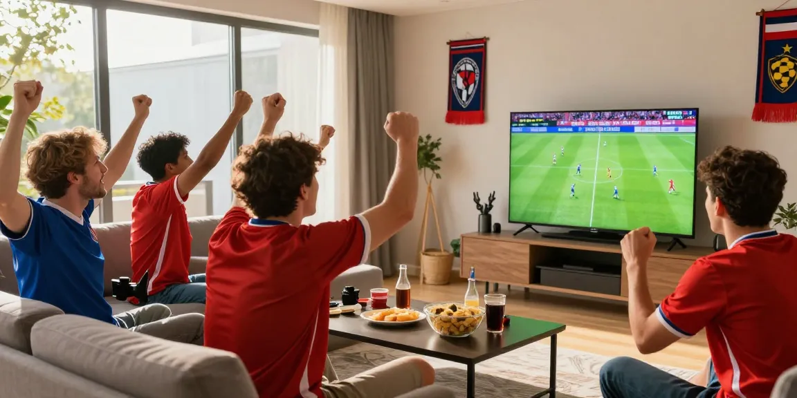 Menonton bola dengan semangat di ruang tamu modern dengan teman-teman sambil menikmati pertandingan sepak bola.
